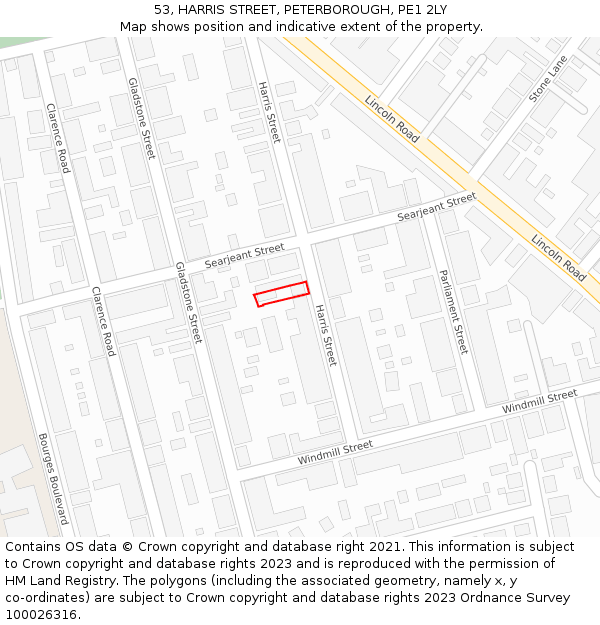 53, HARRIS STREET, PETERBOROUGH, PE1 2LY: Location map and indicative extent of plot