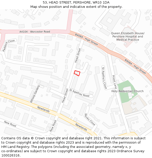 53, HEAD STREET, PERSHORE, WR10 1DA: Location map and indicative extent of plot