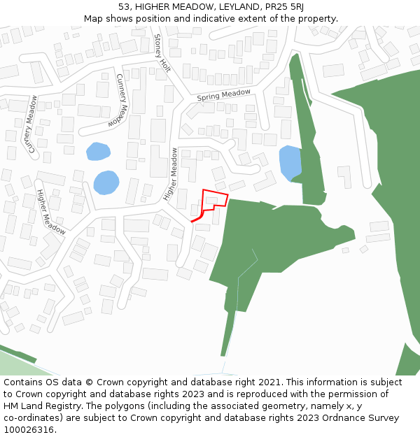 53, HIGHER MEADOW, LEYLAND, PR25 5RJ: Location map and indicative extent of plot