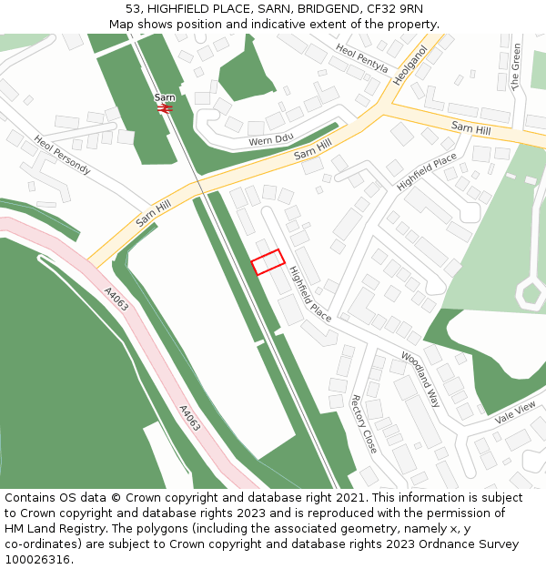 53, HIGHFIELD PLACE, SARN, BRIDGEND, CF32 9RN: Location map and indicative extent of plot
