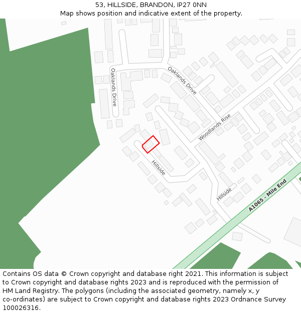 53, HILLSIDE, BRANDON, IP27 0NN: Location map and indicative extent of plot