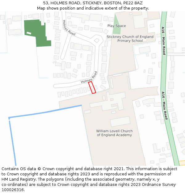 53, HOLMES ROAD, STICKNEY, BOSTON, PE22 8AZ: Location map and indicative extent of plot