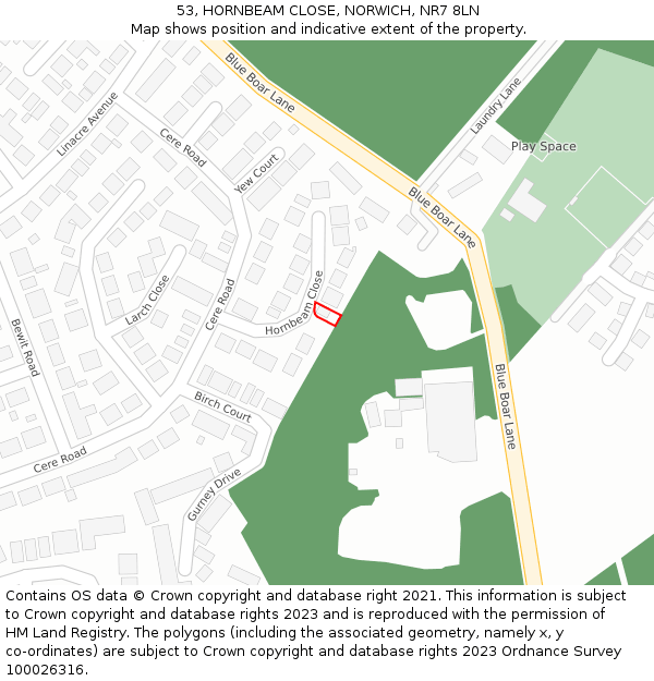 53, HORNBEAM CLOSE, NORWICH, NR7 8LN: Location map and indicative extent of plot