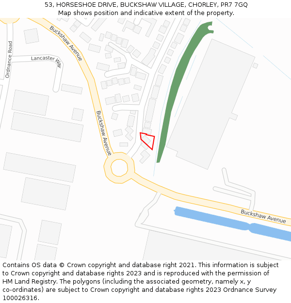 53, HORSESHOE DRIVE, BUCKSHAW VILLAGE, CHORLEY, PR7 7GQ: Location map and indicative extent of plot