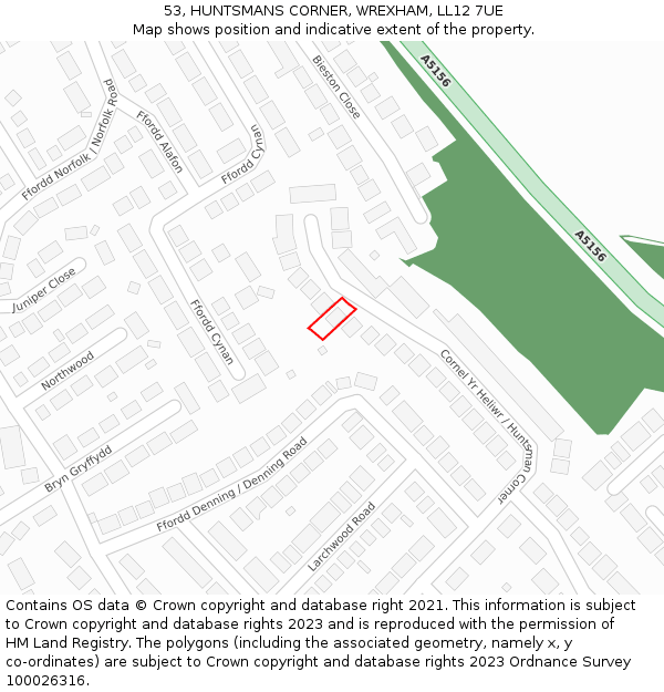 53, HUNTSMANS CORNER, WREXHAM, LL12 7UE: Location map and indicative extent of plot