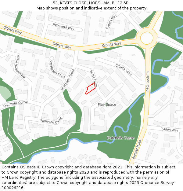 53, KEATS CLOSE, HORSHAM, RH12 5PL: Location map and indicative extent of plot