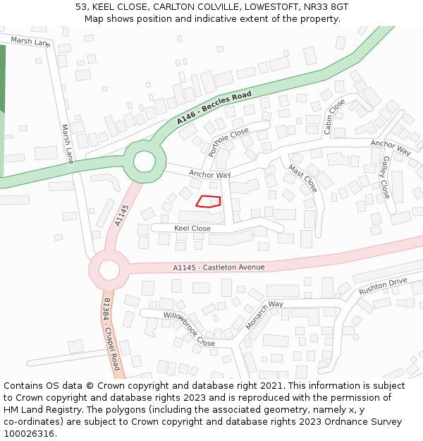 53, KEEL CLOSE, CARLTON COLVILLE, LOWESTOFT, NR33 8GT: Location map and indicative extent of plot