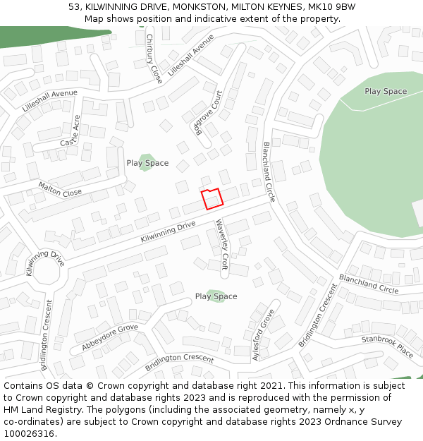 53, KILWINNING DRIVE, MONKSTON, MILTON KEYNES, MK10 9BW: Location map and indicative extent of plot