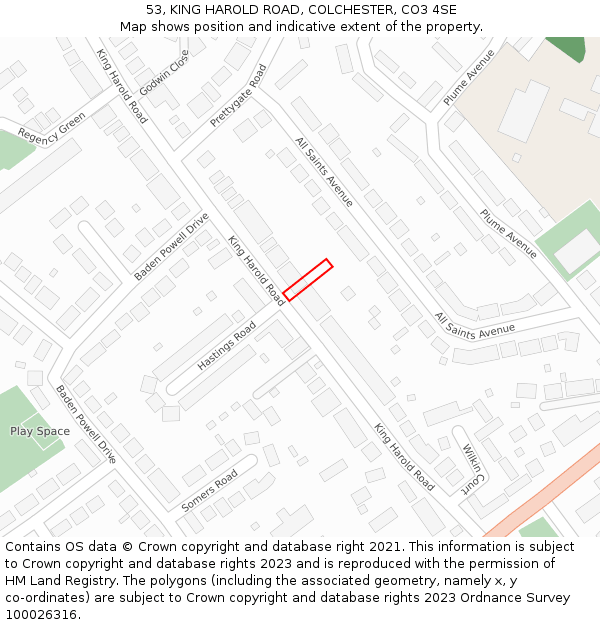53, KING HAROLD ROAD, COLCHESTER, CO3 4SE: Location map and indicative extent of plot