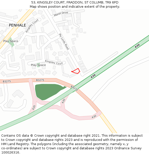 53, KINGSLEY COURT, FRADDON, ST COLUMB, TR9 6PD: Location map and indicative extent of plot
