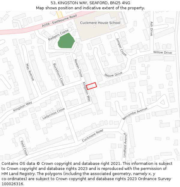 53, KINGSTON WAY, SEAFORD, BN25 4NG: Location map and indicative extent of plot
