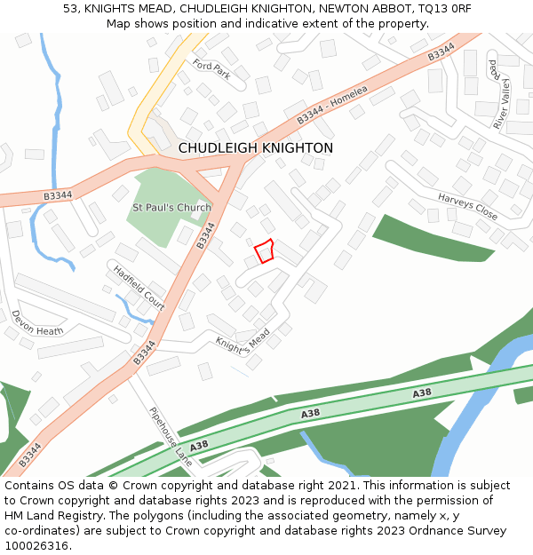 53, KNIGHTS MEAD, CHUDLEIGH KNIGHTON, NEWTON ABBOT, TQ13 0RF: Location map and indicative extent of plot