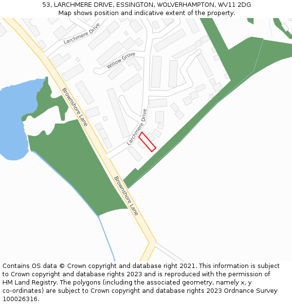 53, LARCHMERE DRIVE, ESSINGTON, WOLVERHAMPTON, WV11 2DG: Location map and indicative extent of plot