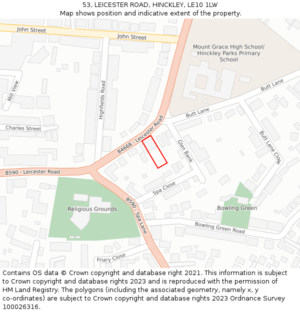 53, LEICESTER ROAD, HINCKLEY, LE10 1LW: Location map and indicative extent of plot