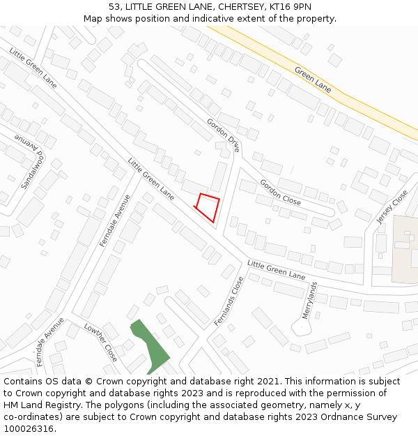53, LITTLE GREEN LANE, CHERTSEY, KT16 9PN: Location map and indicative extent of plot