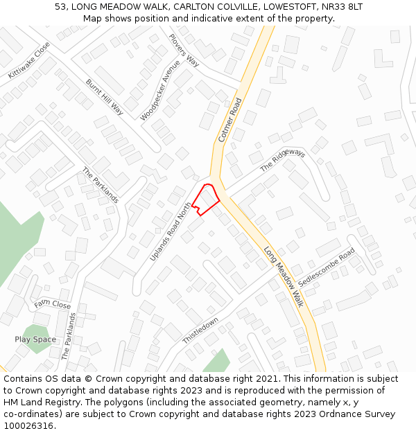 53, LONG MEADOW WALK, CARLTON COLVILLE, LOWESTOFT, NR33 8LT: Location map and indicative extent of plot