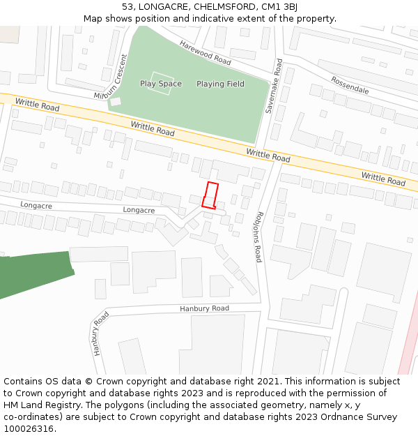 53, LONGACRE, CHELMSFORD, CM1 3BJ: Location map and indicative extent of plot
