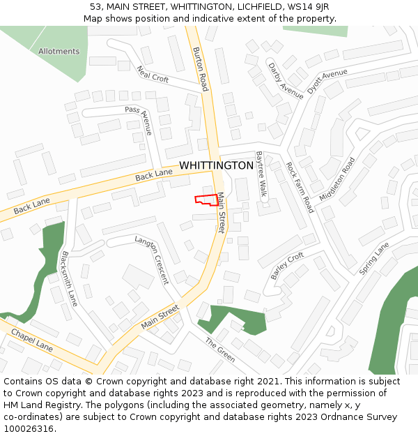 53, MAIN STREET, WHITTINGTON, LICHFIELD, WS14 9JR: Location map and indicative extent of plot