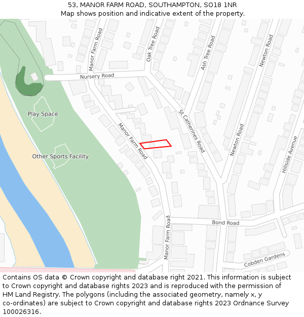 53, MANOR FARM ROAD, SOUTHAMPTON, SO18 1NR: Location map and indicative extent of plot