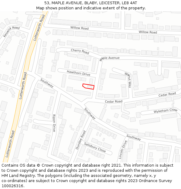 53, MAPLE AVENUE, BLABY, LEICESTER, LE8 4AT: Location map and indicative extent of plot