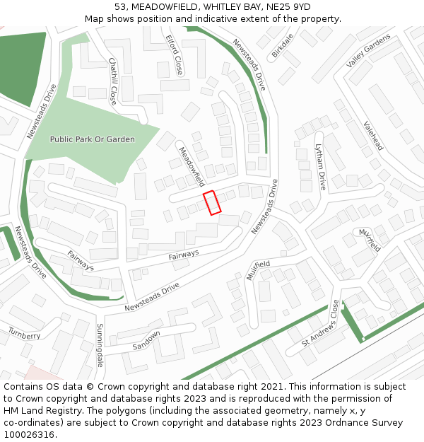 53, MEADOWFIELD, WHITLEY BAY, NE25 9YD: Location map and indicative extent of plot