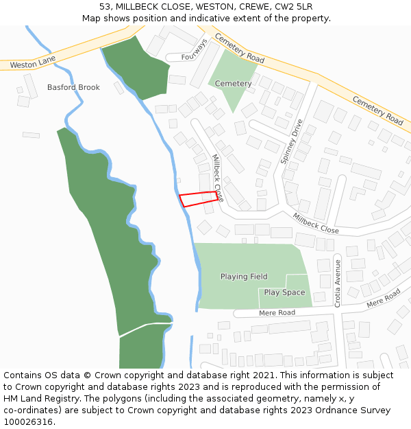 53, MILLBECK CLOSE, WESTON, CREWE, CW2 5LR: Location map and indicative extent of plot