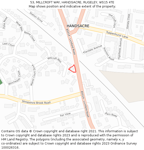 53, MILLCROFT WAY, HANDSACRE, RUGELEY, WS15 4TE: Location map and indicative extent of plot