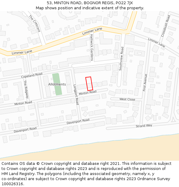 53, MINTON ROAD, BOGNOR REGIS, PO22 7JX: Location map and indicative extent of plot