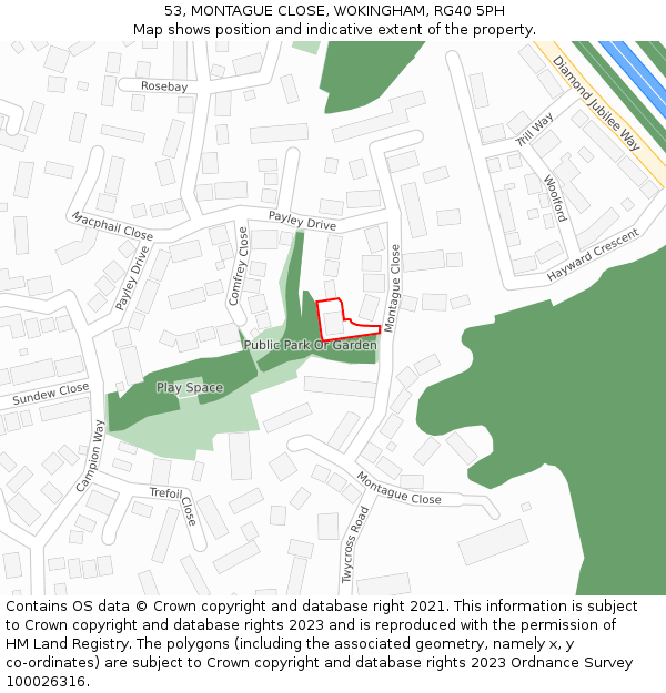 53, MONTAGUE CLOSE, WOKINGHAM, RG40 5PH: Location map and indicative extent of plot