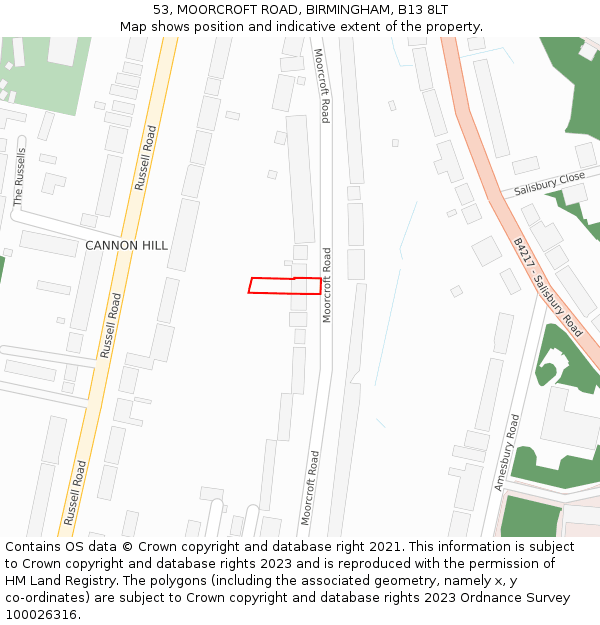 53, MOORCROFT ROAD, BIRMINGHAM, B13 8LT: Location map and indicative extent of plot