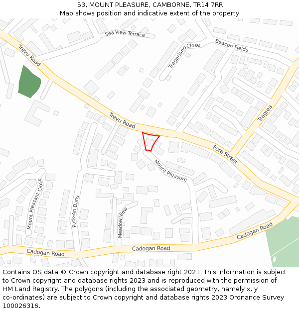 53, MOUNT PLEASURE, CAMBORNE, TR14 7RR: Location map and indicative extent of plot