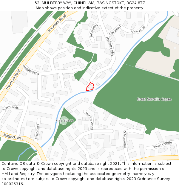 53, MULBERRY WAY, CHINEHAM, BASINGSTOKE, RG24 8TZ: Location map and indicative extent of plot