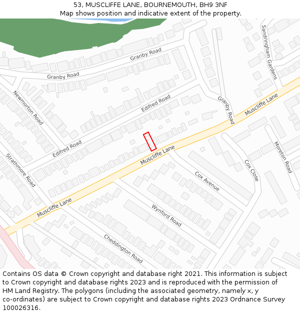 53, MUSCLIFFE LANE, BOURNEMOUTH, BH9 3NF: Location map and indicative extent of plot