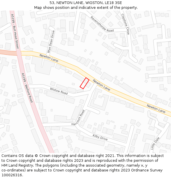 53, NEWTON LANE, WIGSTON, LE18 3SE: Location map and indicative extent of plot