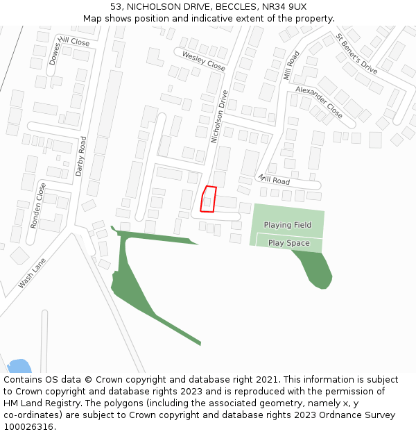 53, NICHOLSON DRIVE, BECCLES, NR34 9UX: Location map and indicative extent of plot