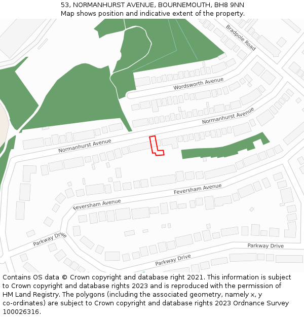 53, NORMANHURST AVENUE, BOURNEMOUTH, BH8 9NN: Location map and indicative extent of plot