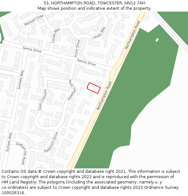 53, NORTHAMPTON ROAD, TOWCESTER, NN12 7AH: Location map and indicative extent of plot