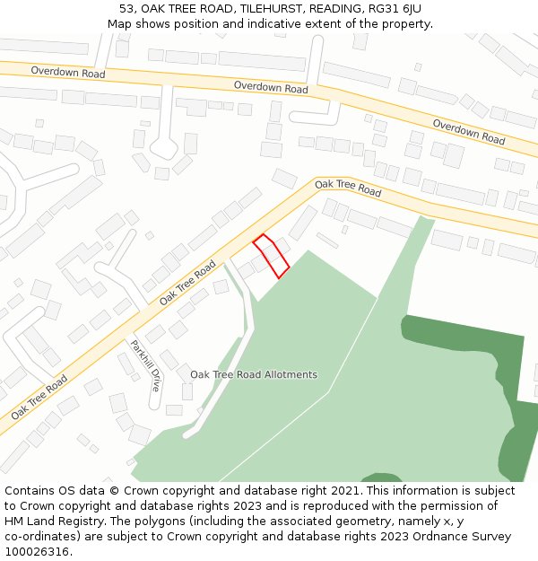 53, OAK TREE ROAD, TILEHURST, READING, RG31 6JU: Location map and indicative extent of plot