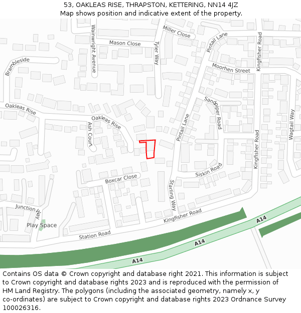 53, OAKLEAS RISE, THRAPSTON, KETTERING, NN14 4JZ: Location map and indicative extent of plot