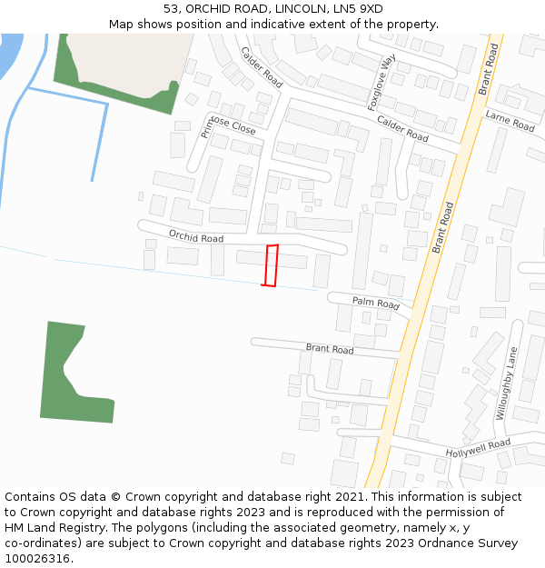53, ORCHID ROAD, LINCOLN, LN5 9XD: Location map and indicative extent of plot