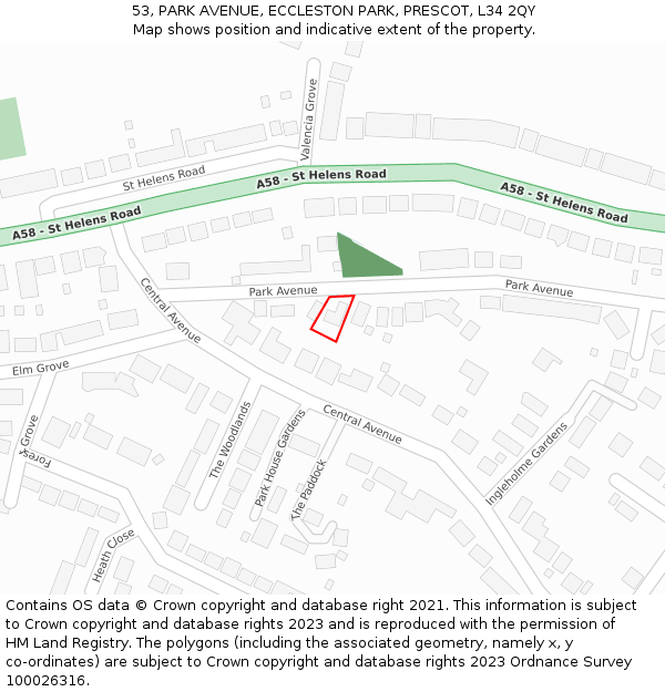 53, PARK AVENUE, ECCLESTON PARK, PRESCOT, L34 2QY: Location map and indicative extent of plot