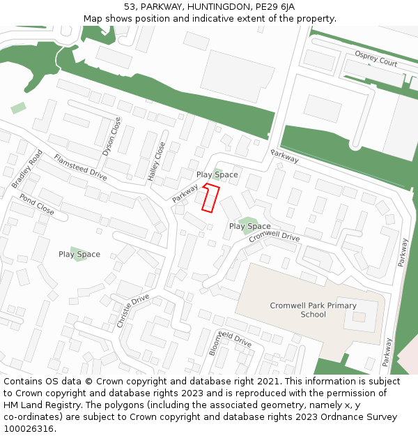 53, PARKWAY, HUNTINGDON, PE29 6JA: Location map and indicative extent of plot