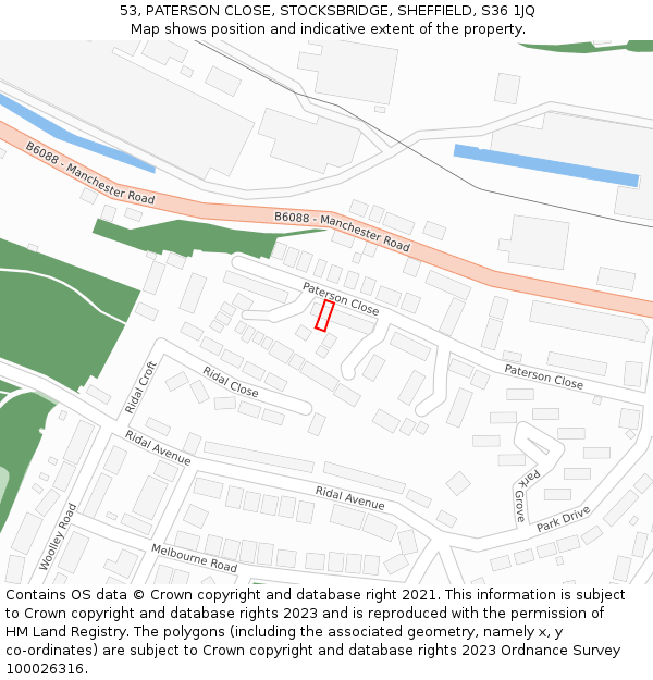 53, PATERSON CLOSE, STOCKSBRIDGE, SHEFFIELD, S36 1JQ: Location map and indicative extent of plot
