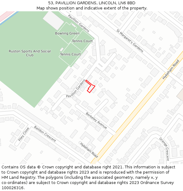53, PAVILLION GARDENS, LINCOLN, LN6 8BD: Location map and indicative extent of plot