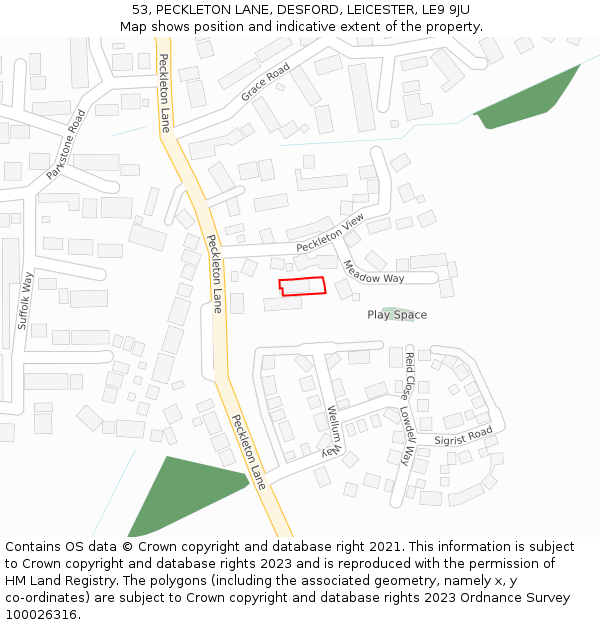 53, PECKLETON LANE, DESFORD, LEICESTER, LE9 9JU: Location map and indicative extent of plot