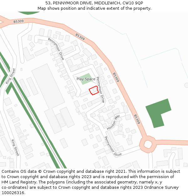 53, PENNYMOOR DRIVE, MIDDLEWICH, CW10 9QP: Location map and indicative extent of plot