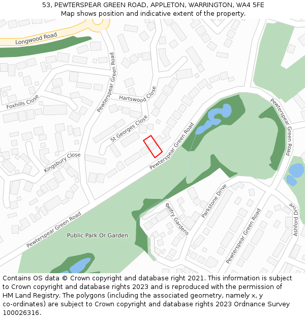 53, PEWTERSPEAR GREEN ROAD, APPLETON, WARRINGTON, WA4 5FE: Location map and indicative extent of plot