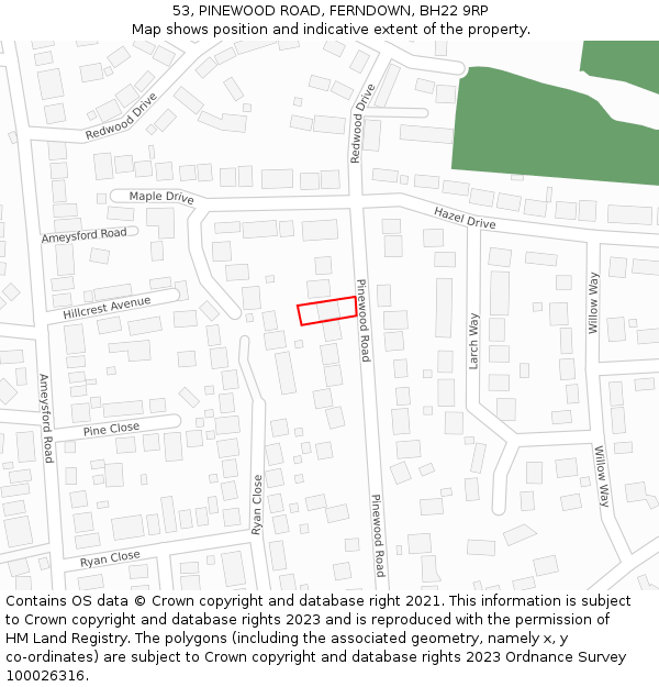 53, PINEWOOD ROAD, FERNDOWN, BH22 9RP: Location map and indicative extent of plot