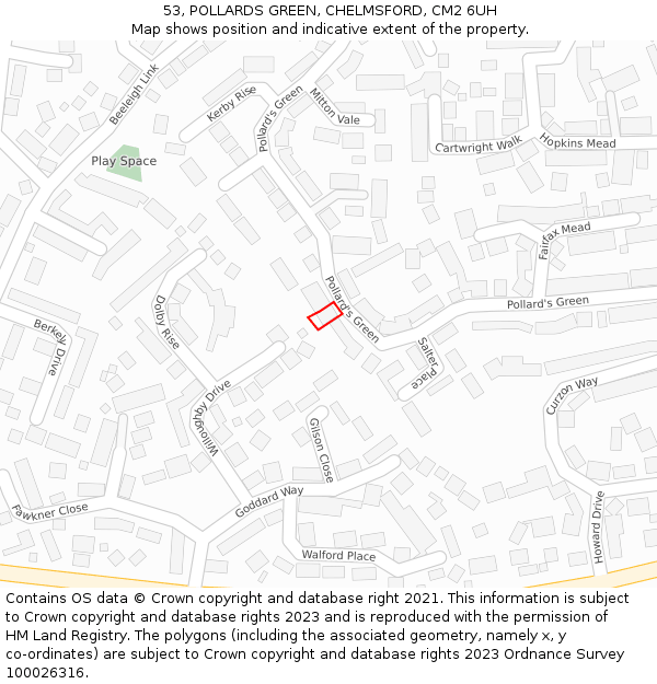 53, POLLARDS GREEN, CHELMSFORD, CM2 6UH: Location map and indicative extent of plot