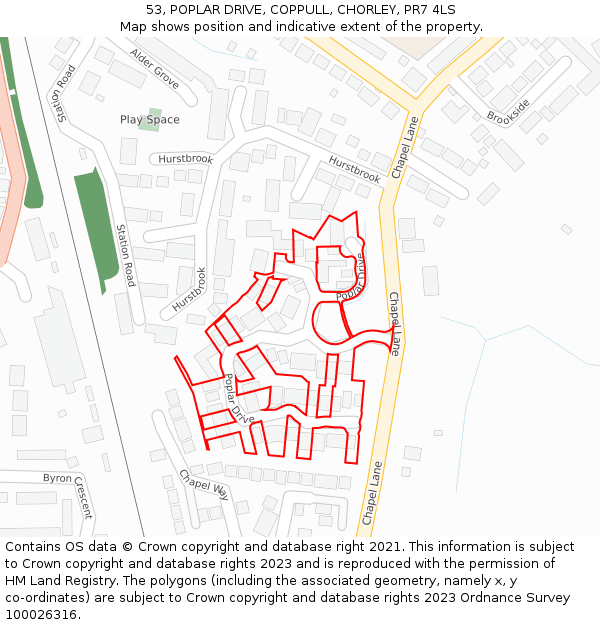 53, POPLAR DRIVE, COPPULL, CHORLEY, PR7 4LS: Location map and indicative extent of plot